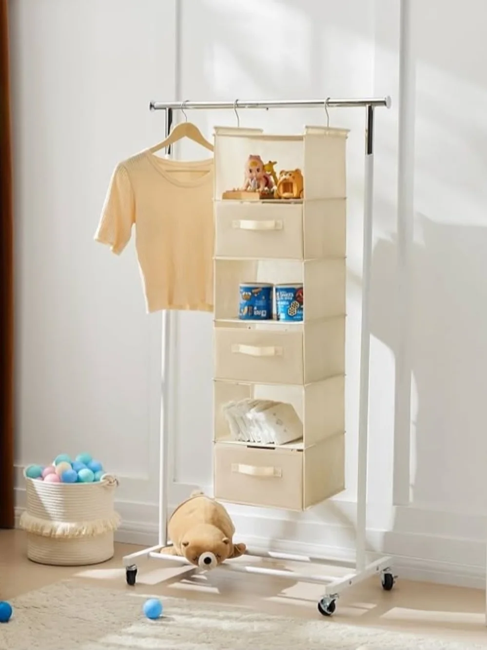 Beige Hanging Closet Organizer with 3 Removable Drawers - Unbranded
